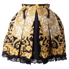 Versace Schwarz & Gold Hibiskus Barocco Print Seide Twill Rock w / Lace Trim Sz 40