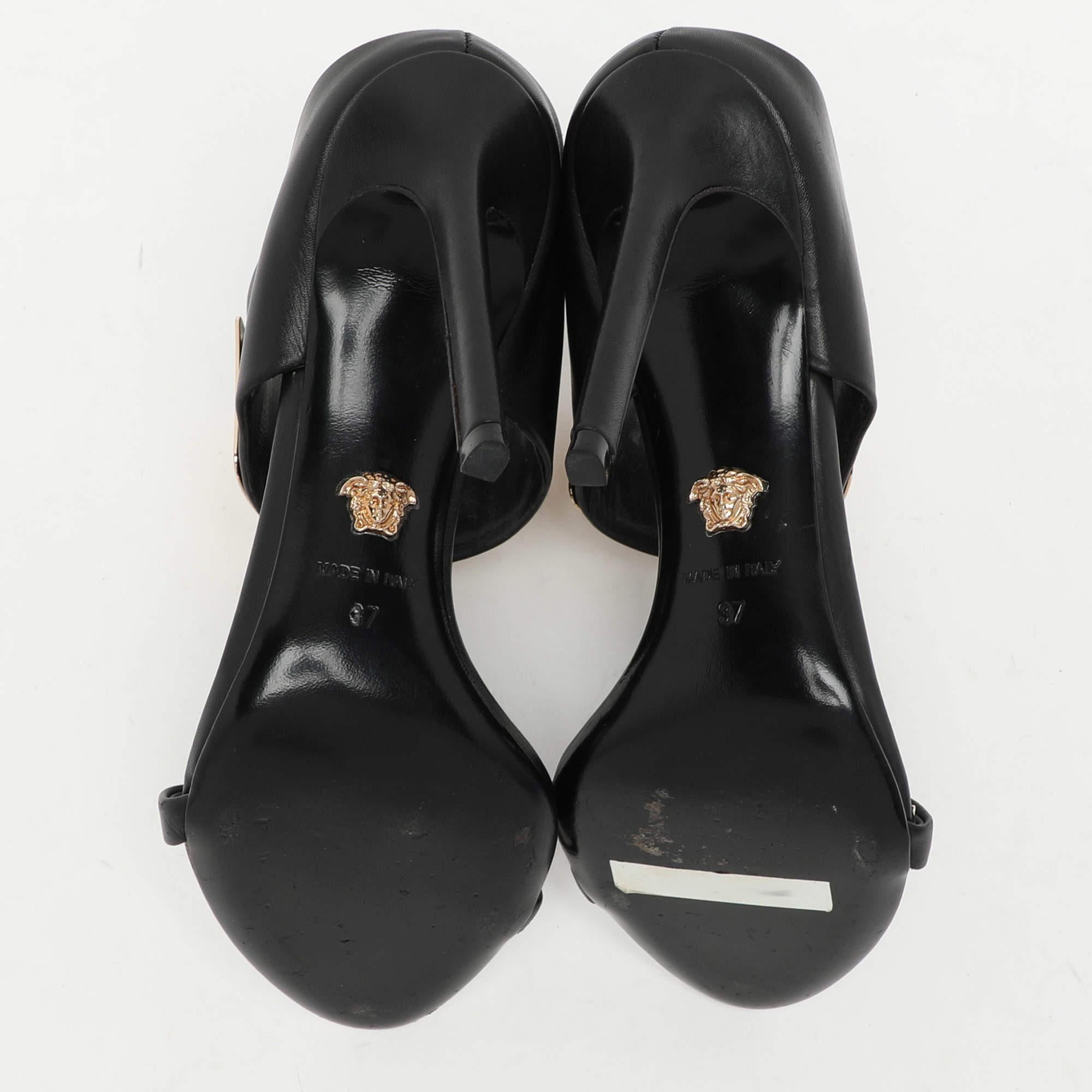 Versace Black/Gold Leather and Metal Medusa Slide Sandals Size 37 2