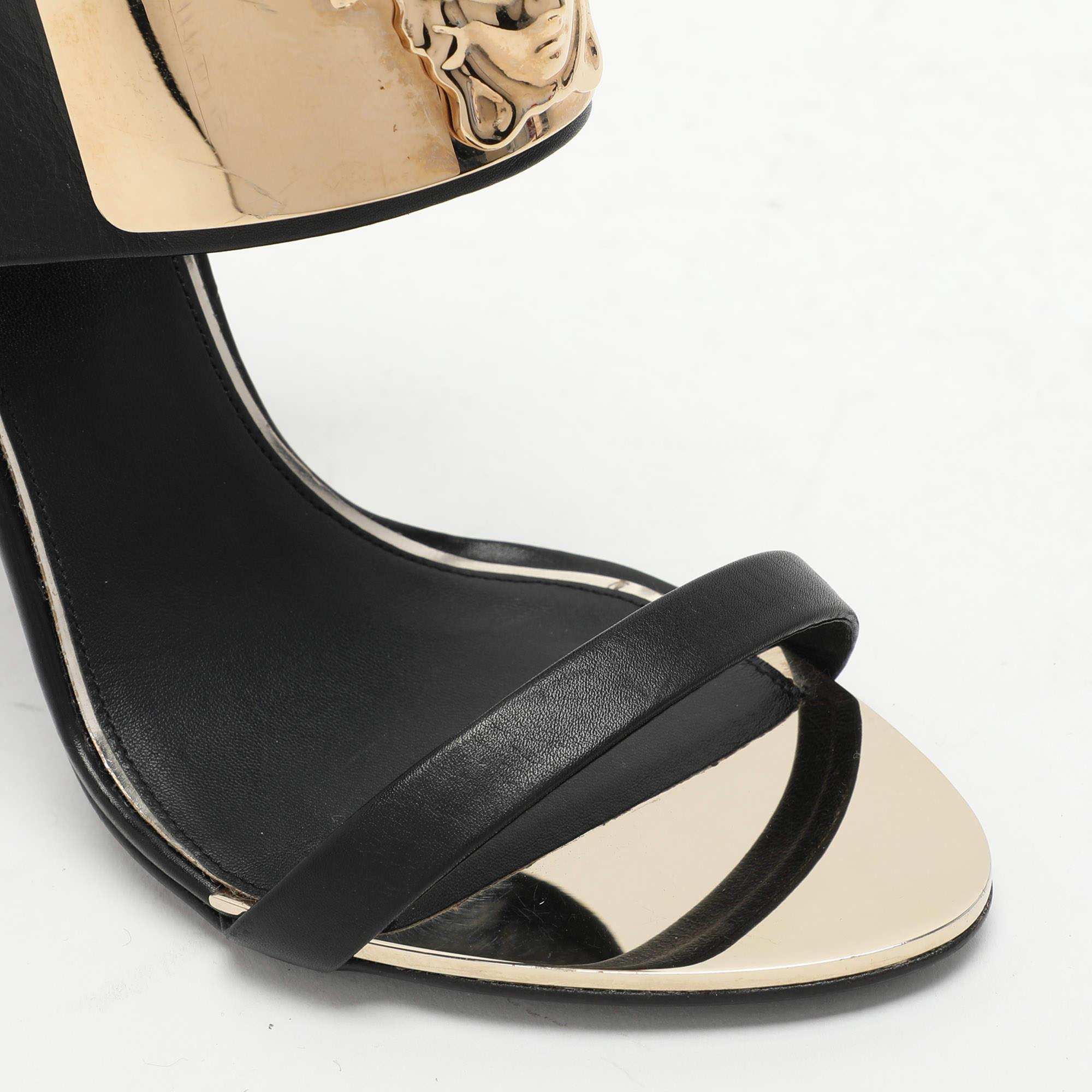 Versace Black/Gold Leather and Metal Medusa Slide Sandals Size 37 3