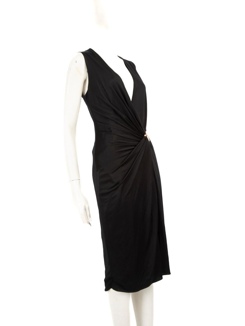CONDITION is New with tags on this brand new Versace designer item.
  
  Details
  
  
  Black 
  
  Viscose
  
  Dress
  
  Midi
  
  Sleeveless
  
  Gold medusa buckle detail
  
  Draped
  
  Plunge neck
  
  Back zip fastening 
  
  
  
  
  
 