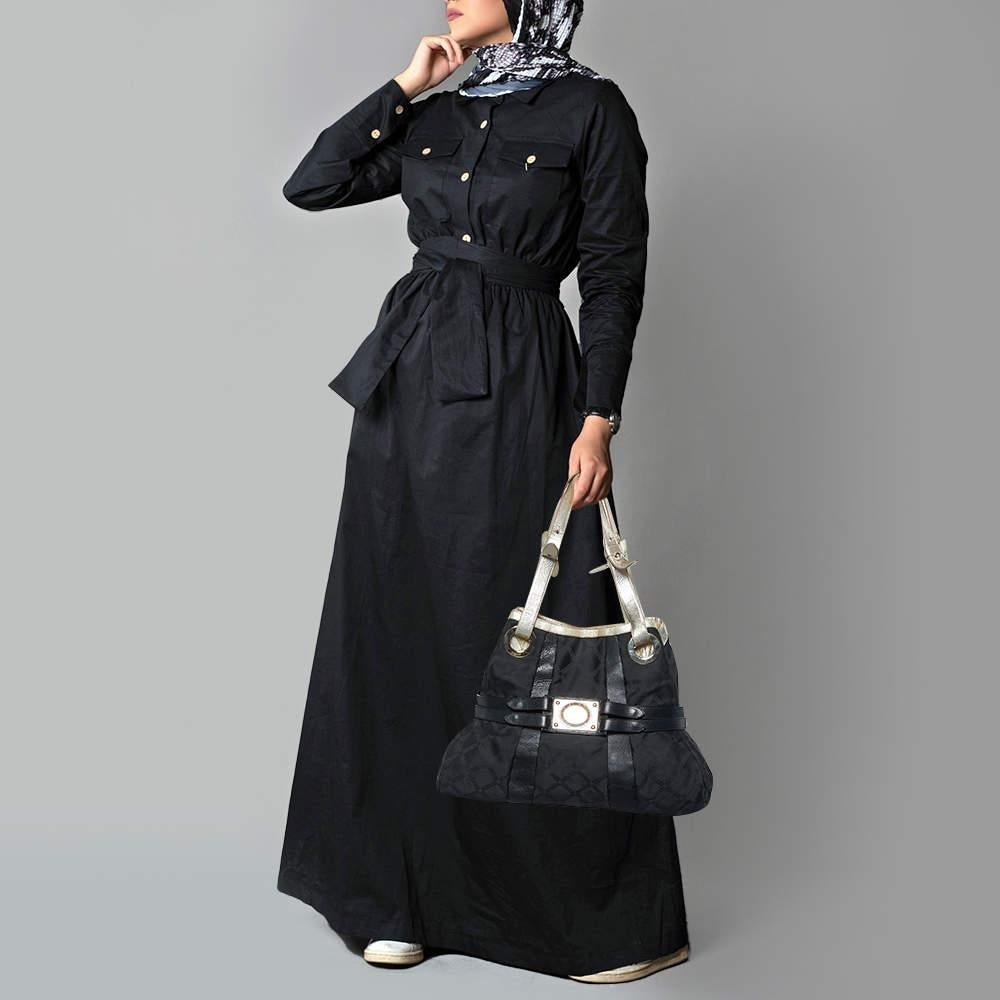 Versace Black/Gold Monogram Nylon and Leather Medusa Plaque Tote In Fair Condition In Dubai, Al Qouz 2