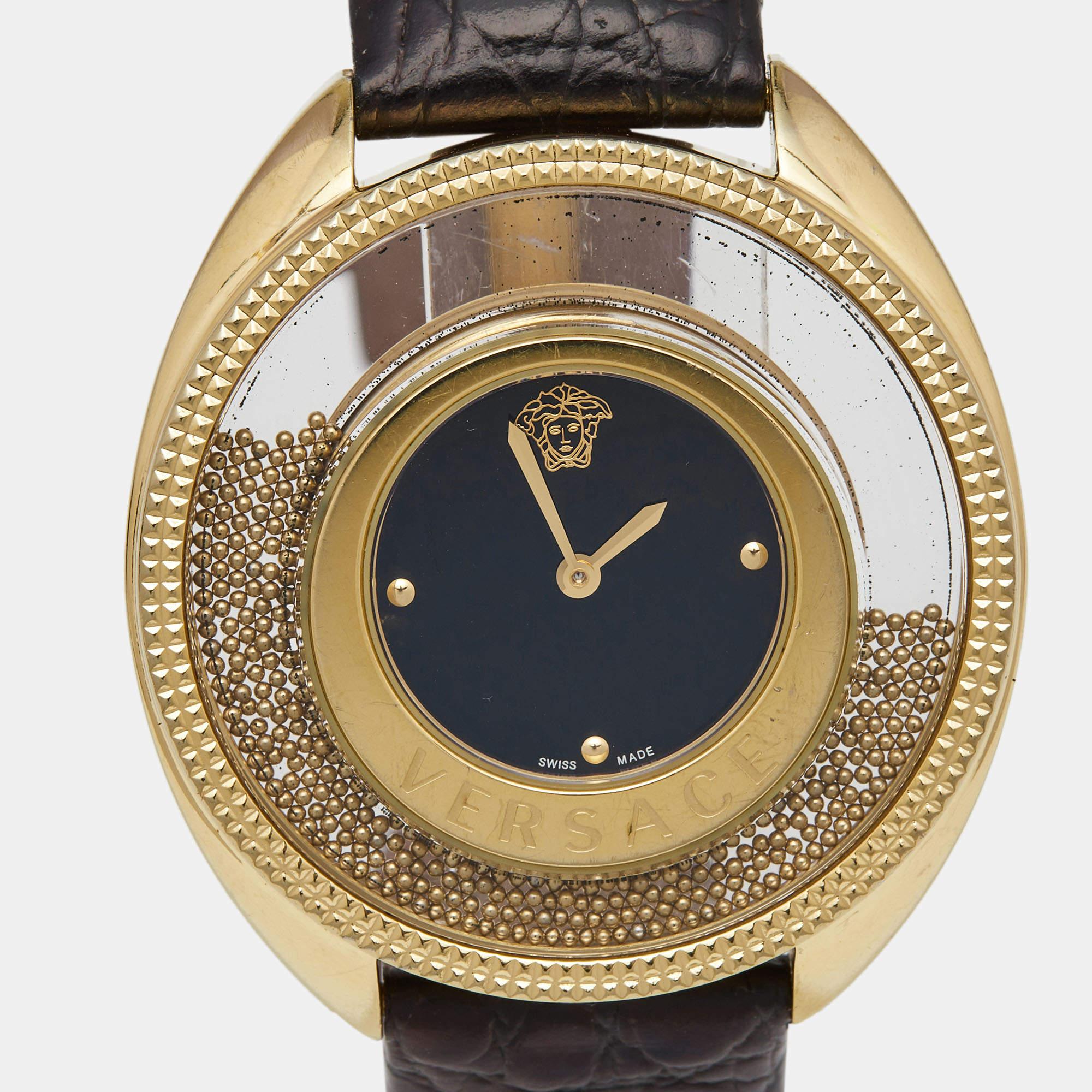 Versace Black Gold Plated Stainless Steel Leather Destiny Spirit 86Q Women's 4