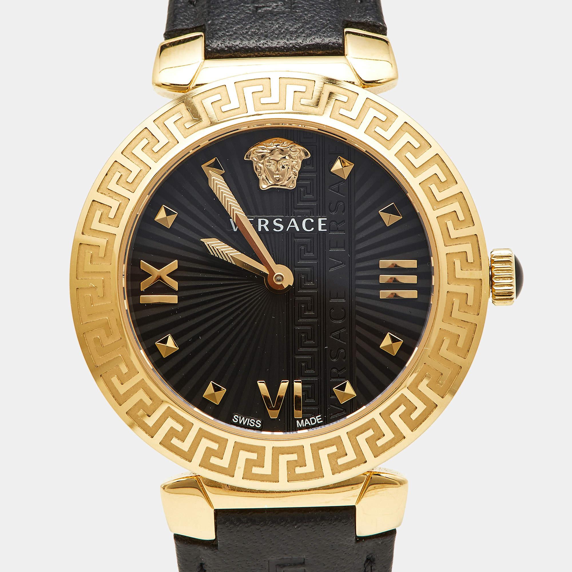 Versace Black Gold Plated Stainless Steel Leather Greca Icon VEZ600221 Women's W In Good Condition In Dubai, Al Qouz 2