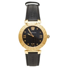 Versace Black Gold Plated Stainless Steel Leather Greca Icon VEZ600221 Women's W