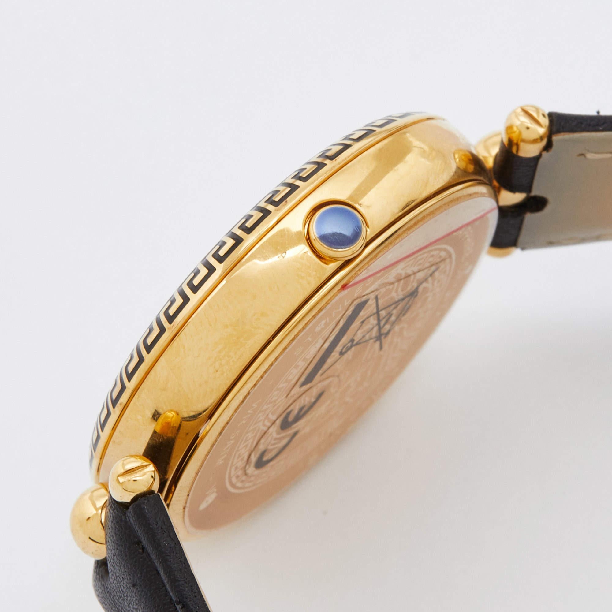 Versace Black Gold Plated Stainless Steel Leather Palazzo VCO Women's Wristwatch In Good Condition In Dubai, Al Qouz 2