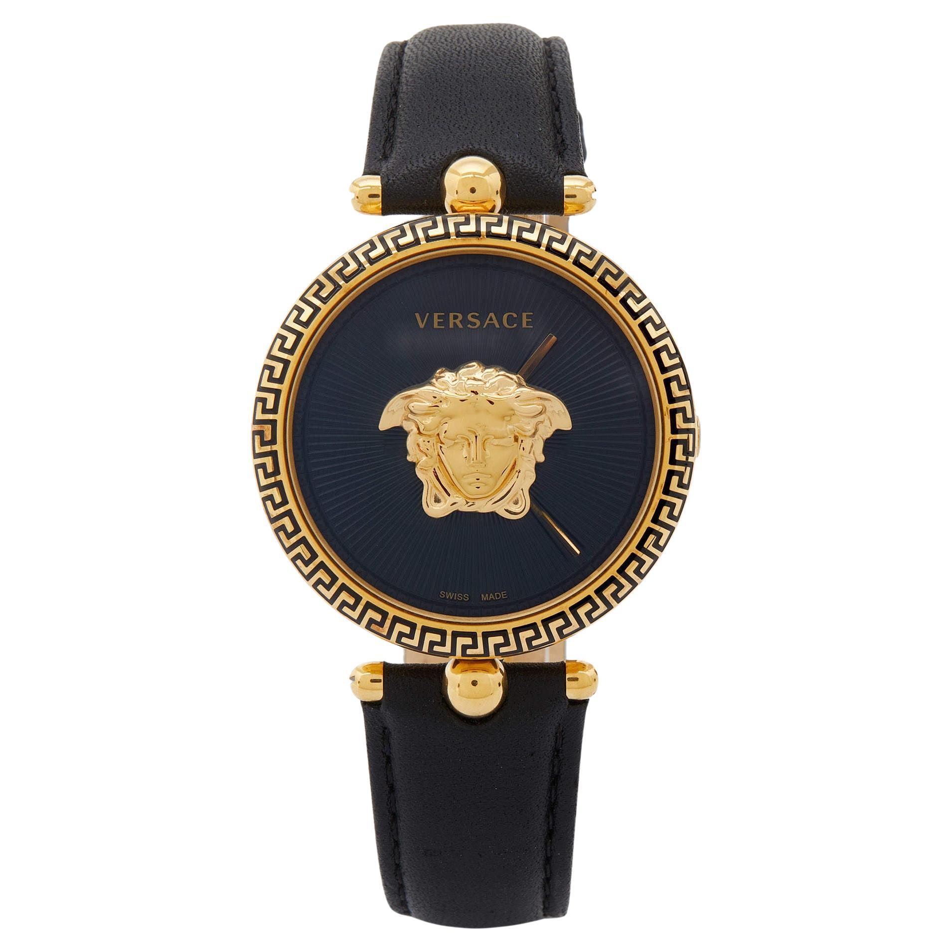 Versace Black Gold Plated Stainless Steel Leather Palazzo VCO Women's Wristwatch