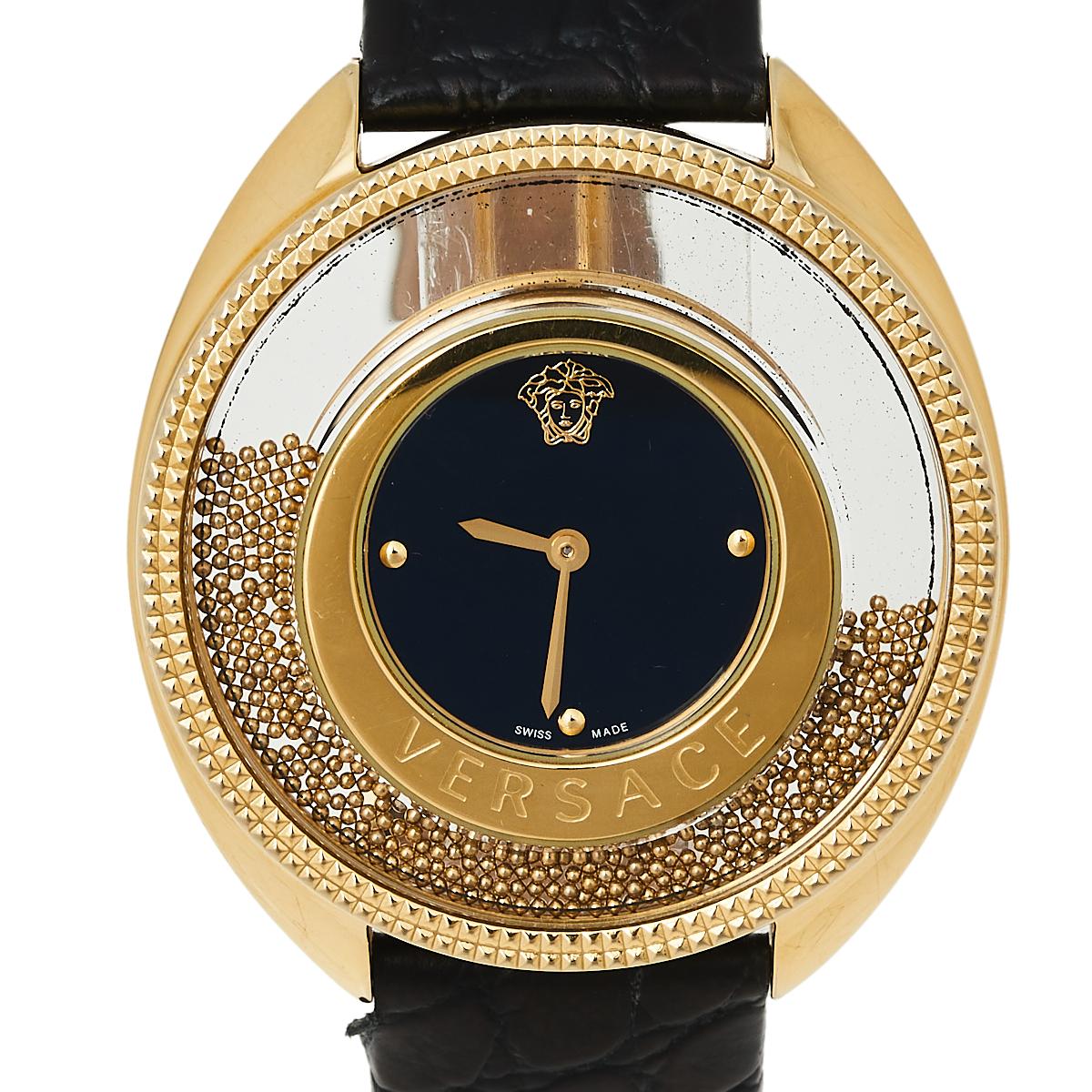 Versace Black Gold Plated Stainless Steel & Leather Women's Wristwatch 39 mm In Good Condition In Dubai, Al Qouz 2