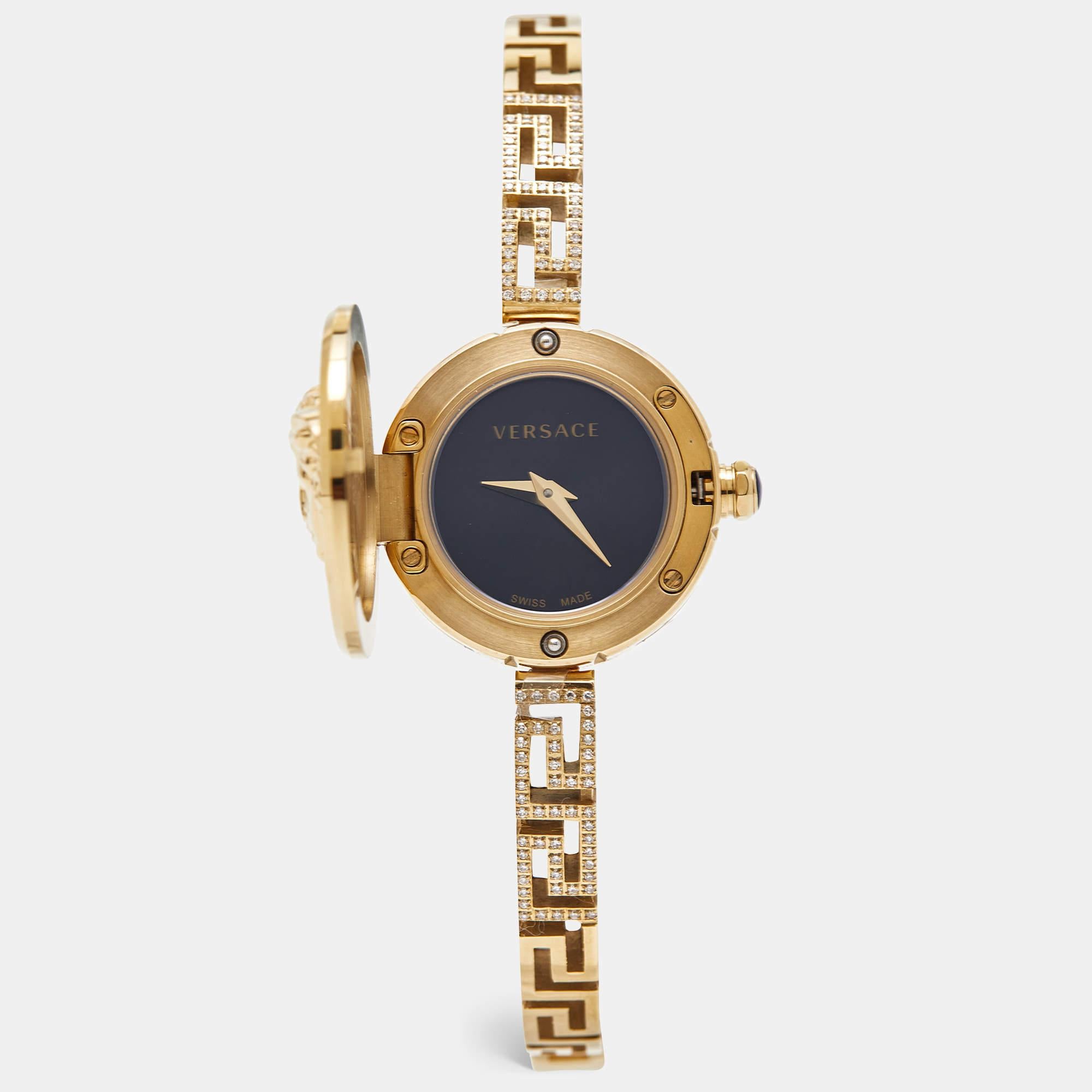 The Versace VEZ500421 is an exquisite women's wristwatch. Its gold-plated stainless steel case conceals a hidden watch dial, combining fashion and function seamlessly. The sleek design and luxurious materials make it a statement piece for any