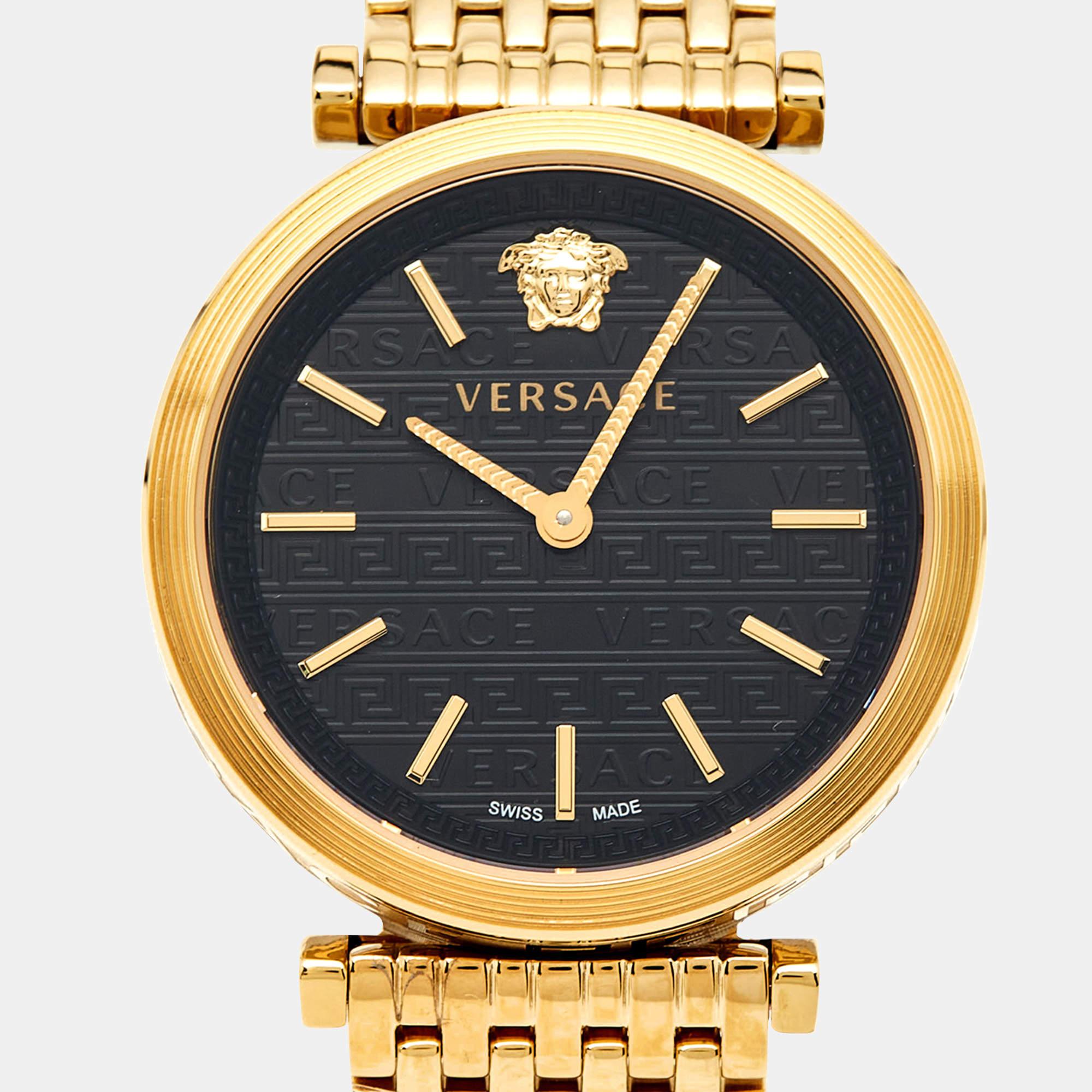 Crafted with precision, the Versace V-Twist VELS00819 wristwatch exudes sophistication and style. Its sleek black dial, adorned with the iconic Versace motif, is encased in luxurious gold-plated stainless steel. Combining elegance with