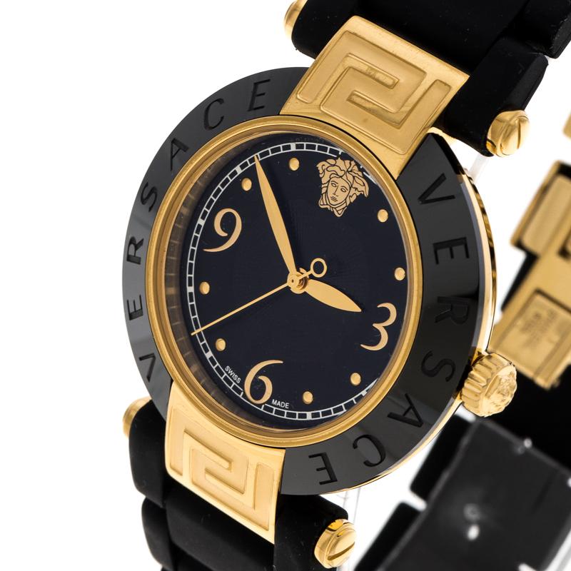 Awaiting to be yours is this stunner of a watch from Versace! Crafted with beauty using gold-plated stainless steel, the Quartz watch is held by rubber straps. It brings a black dial that has Arabic numeral and dot hour markers and the Medusa logo