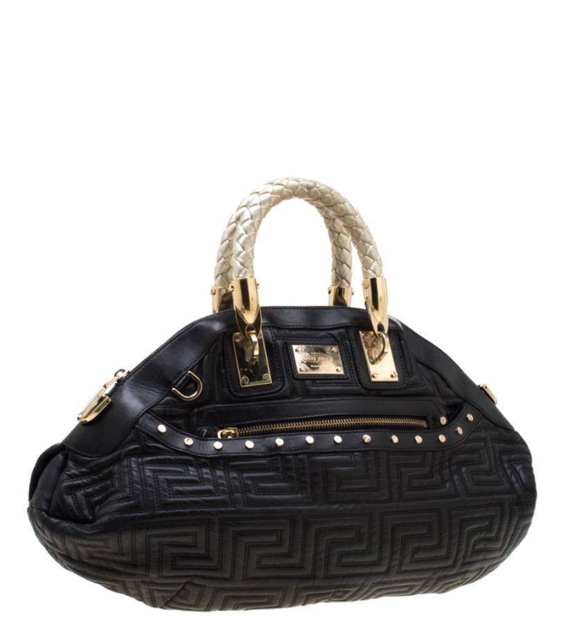 Women's Versace Black/Gold Quilted Leather Satchel