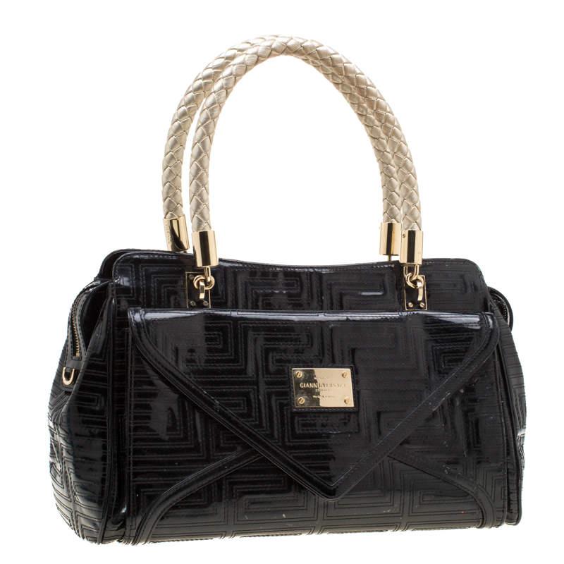 Versace Black/Gold Quilted Patent Leather Satchel For Sale 2
