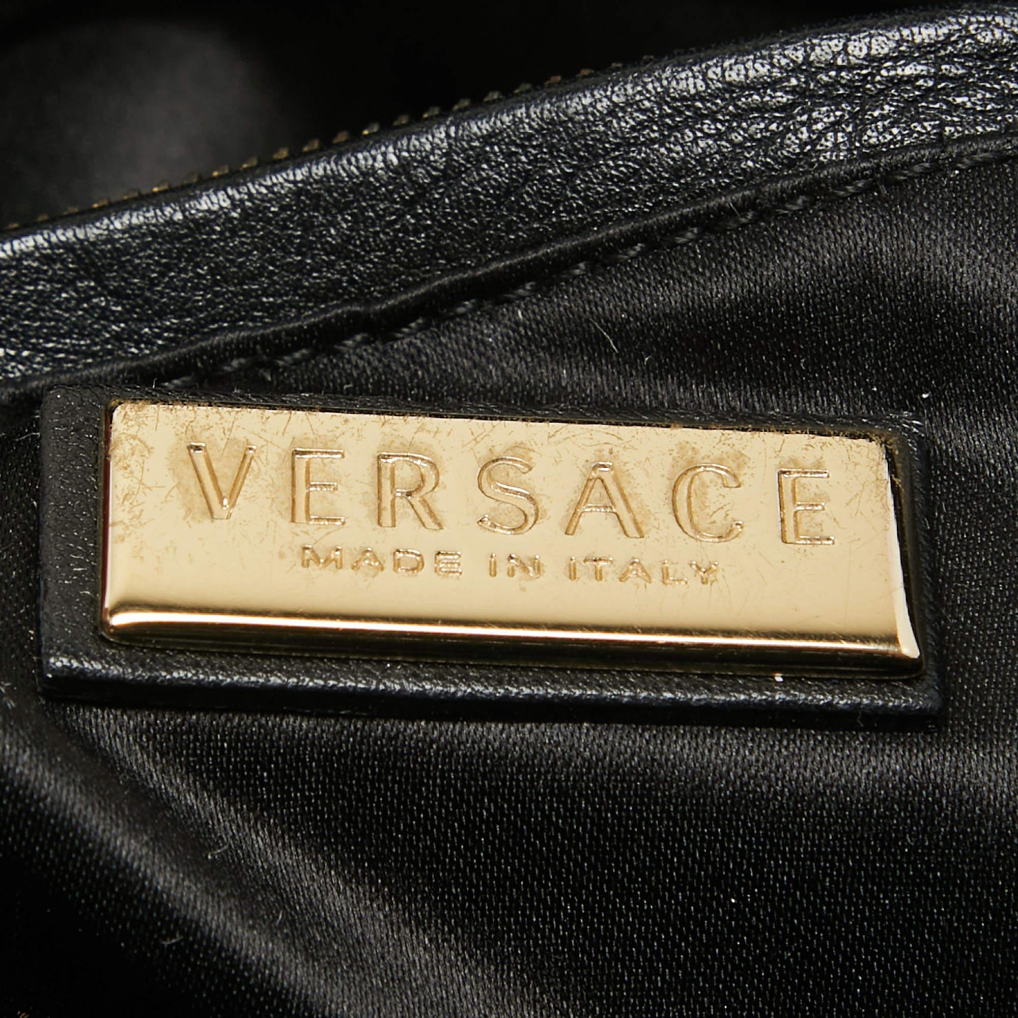 Versace Black/Gold Signature Fabric and Leather Studded Snap Out Of It Satchel For Sale 6