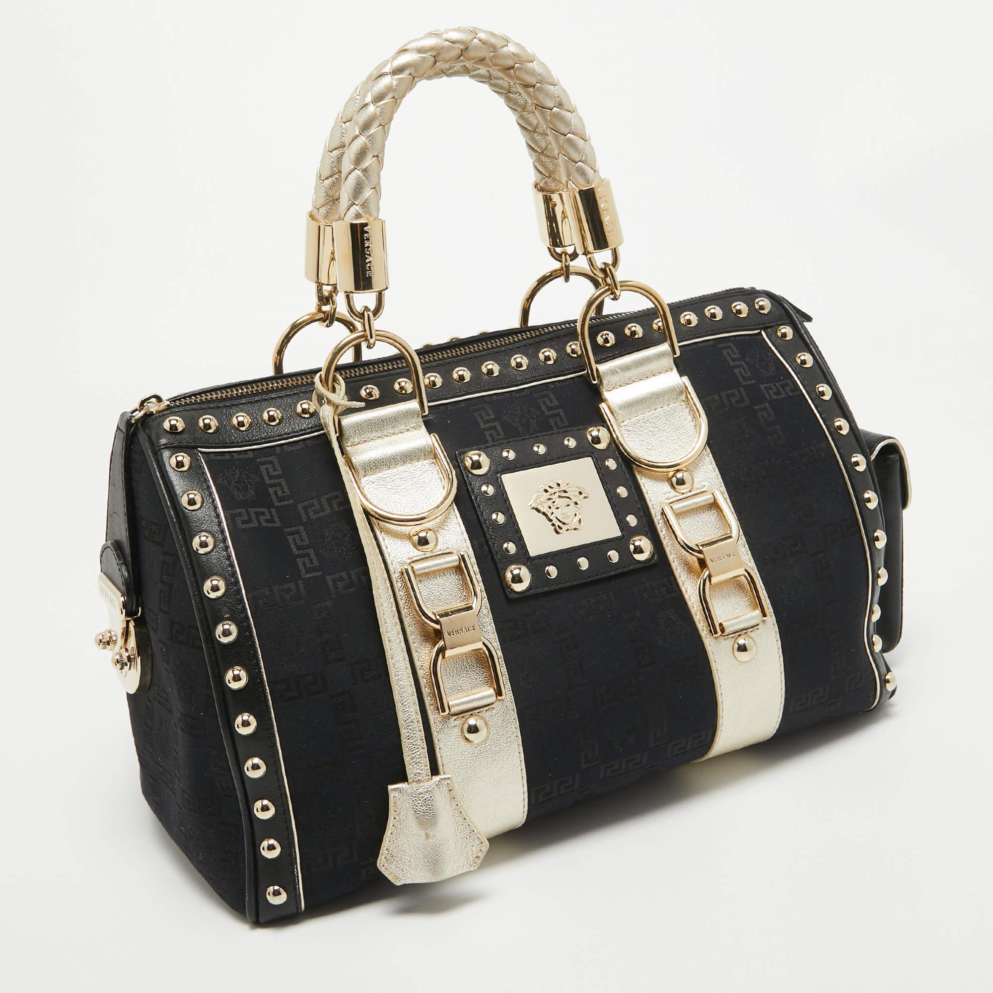 Versace Black/Gold Signature Fabric and Leather Studded Snap Out Of It Satchel For Sale 2