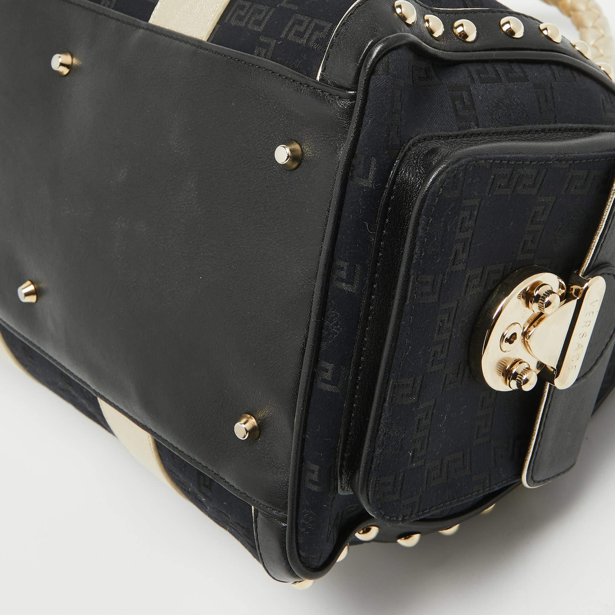 Versace Black/Gold Signature Fabric and Leather Studded Snap Out Of It Satchel For Sale 4