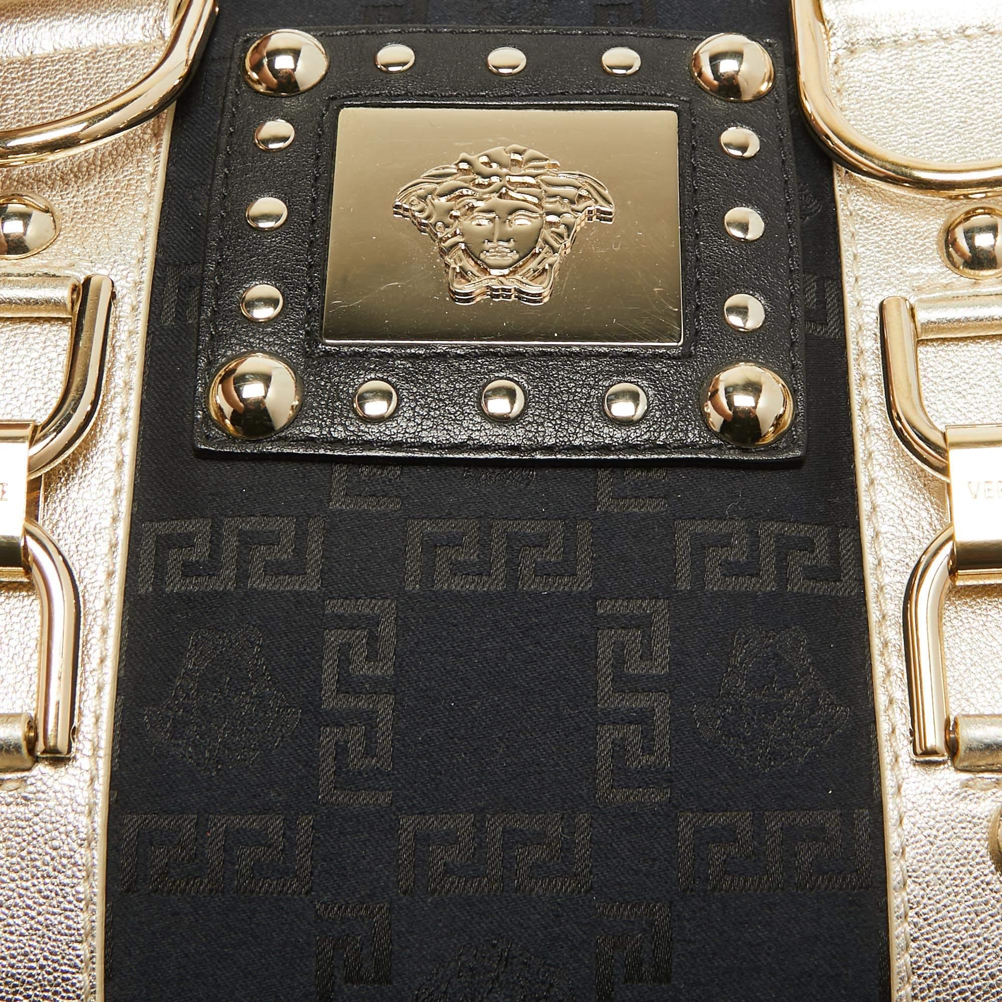 Versace Black/Gold Signature Fabric and Leather Studded Snap Out Of It Satchel For Sale 5