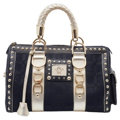 Versace Black/Gold Signature Fabric and Leather Studded Snap Out Of It Satchel