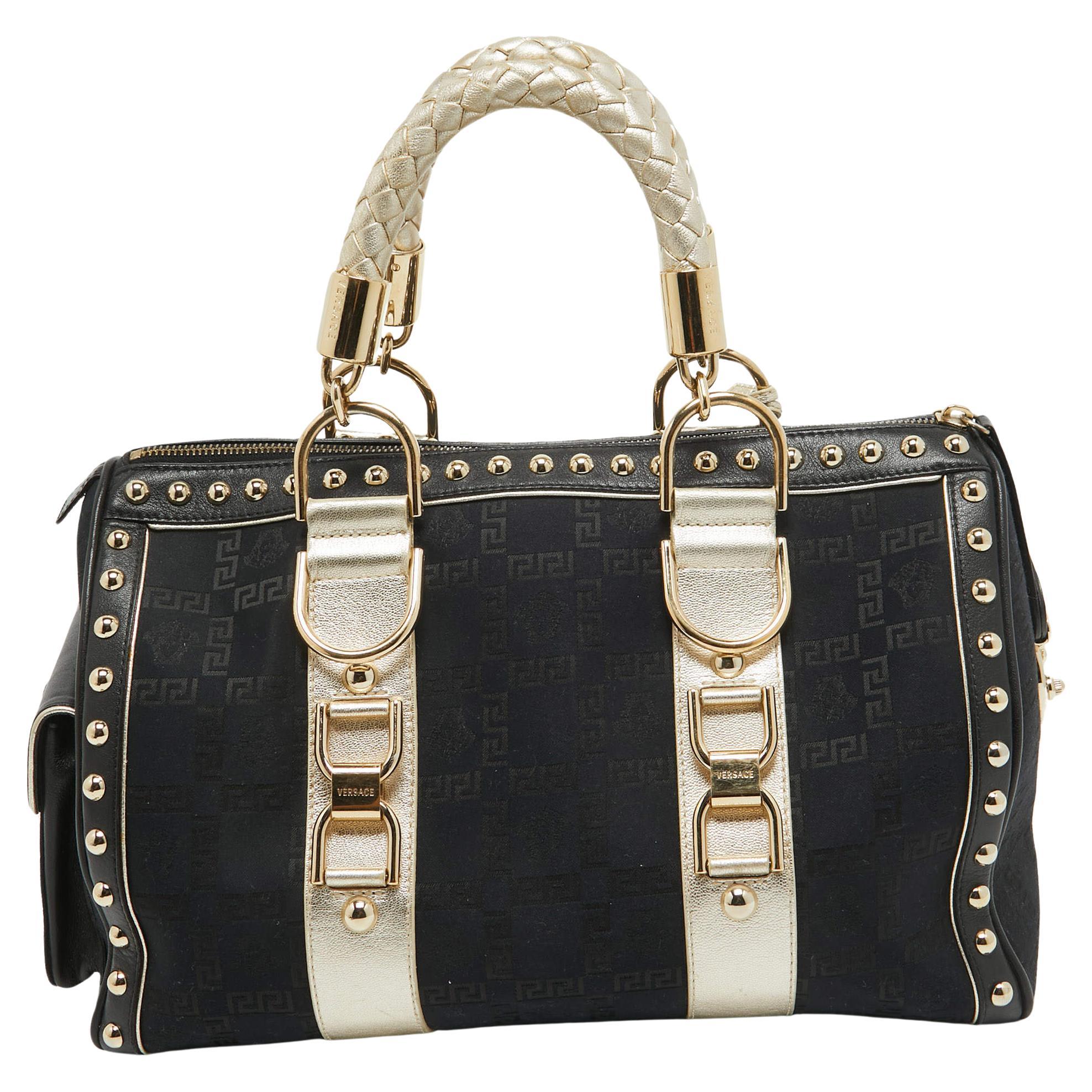 Versace Black/Gold Signature Fabric and Leather Studded Snap Out Of It Satchel For Sale