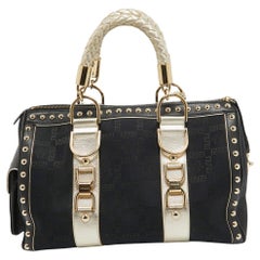 Versace Black/Gold Signature Fabric and Leather Studded Snap Out Of It Satchel