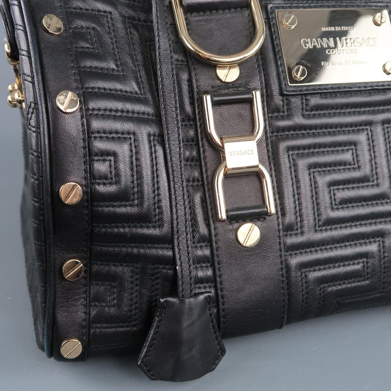 VERSACE Black and Gold Studded Leather Greca Quilted Tote Handbag For