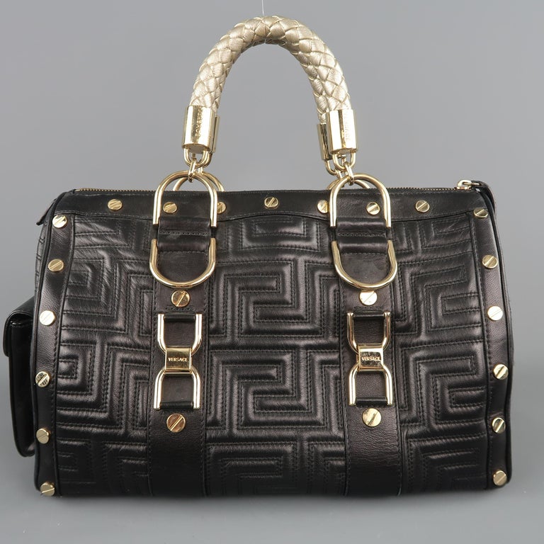 VERSACE Black and Gold Studded Leather Greca Quilted Tote Handbag For ...