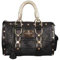 VERSACE Black & Gold Studded Leather Greca Quilted Tote Handbag