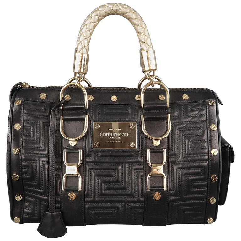 VERSACE Black and Gold Studded Leather Greca Quilted Tote Handbag For Sale at 1stdibs