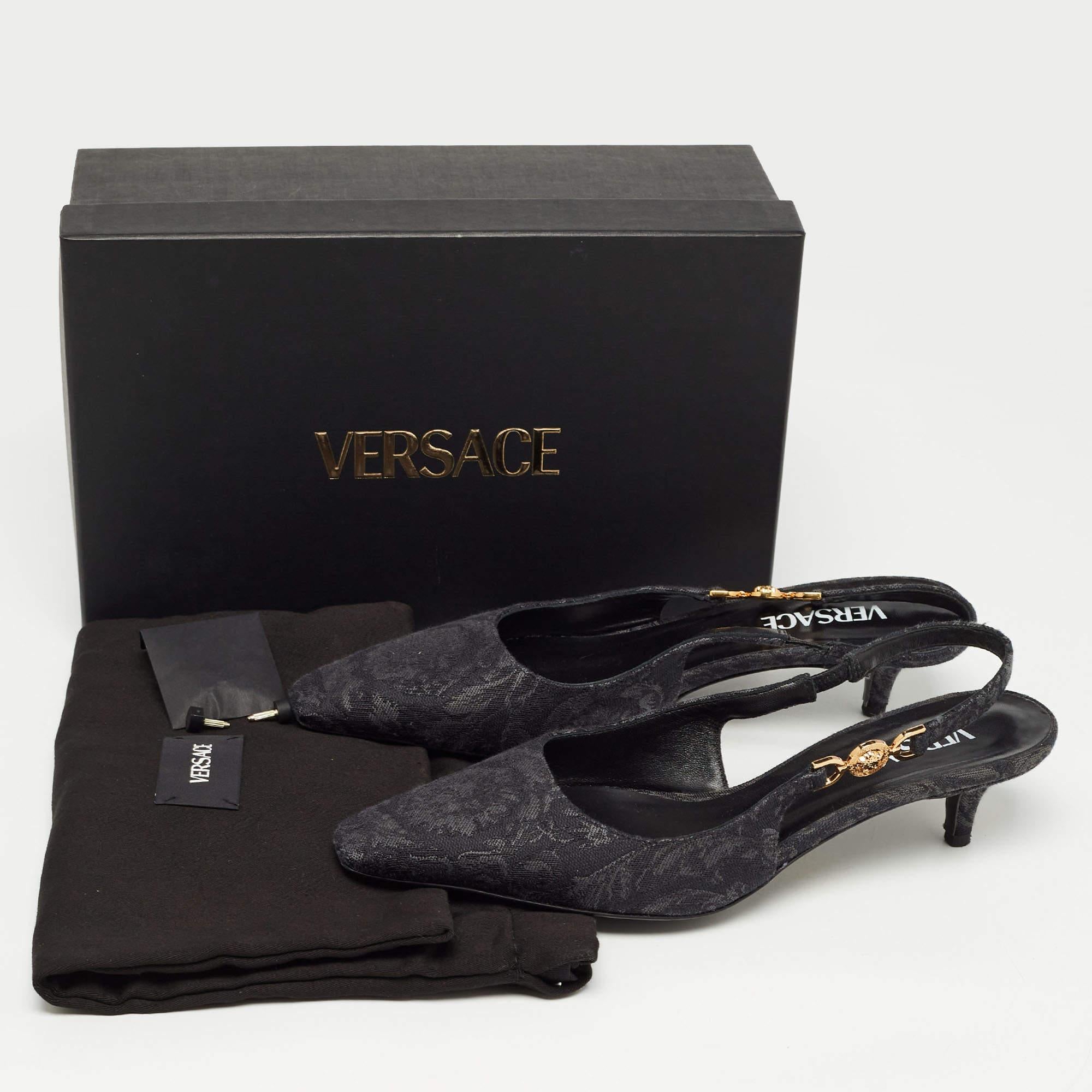 Versace Black/Grey Jacquard Brocade Slingback Pumps Size 39 4