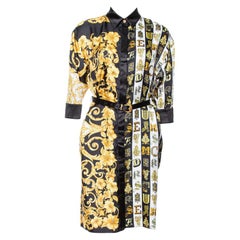 Versace Black Hibiscus Print Silk Belted Shirt Dress M