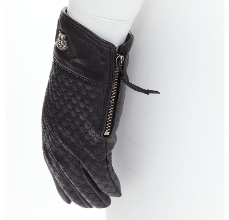 VERSACE Gants noirs en cuir matelassé avec logo Méduse argenté M 1