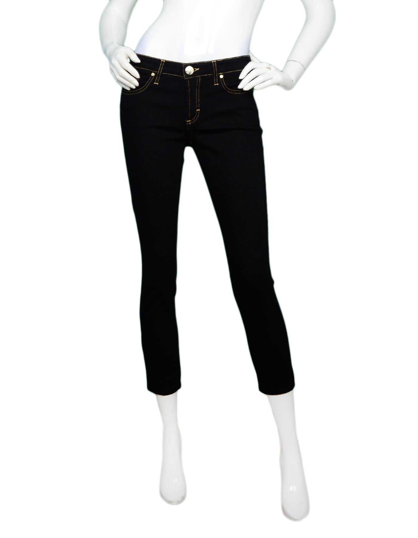 Versace Black Jeans W/ Gold Stitching & Rhinestone Pocket Sz 26

Made In: Italy
Color: Black/gold
Materials: 74% cotton, 24% nylon, 2% elastane 
Closure/Opening: Zipper with button at top
Overall Condition: Excellent pre-owned condition 

Tag Size: