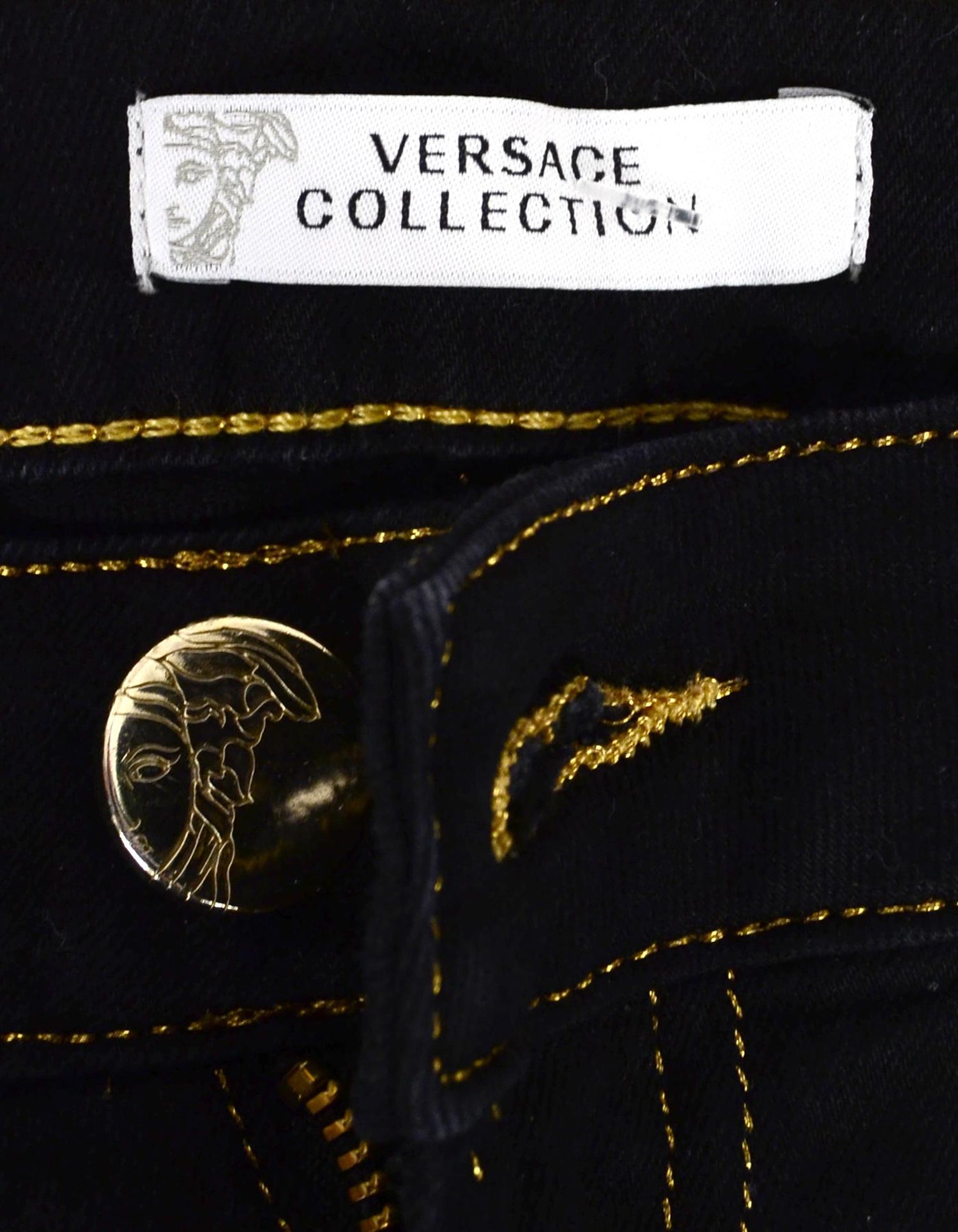 Versace Black Jeans W/ Gold Stitching and Rhinestone Pocket Sz 26 For Sale  at 1stDibs