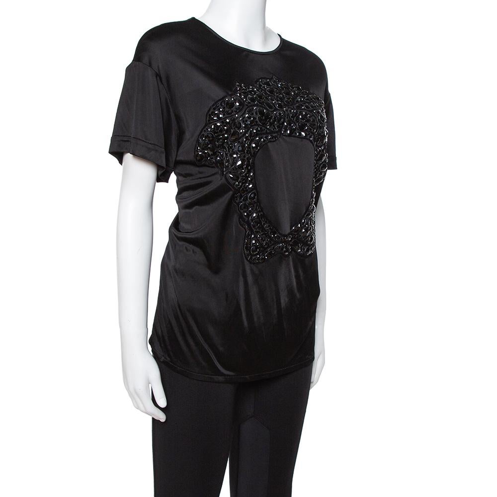 Versace Black Jersey Medusa Embellished Crew Neck T-Shirt L In Good Condition In Dubai, Al Qouz 2
