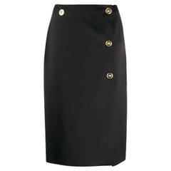 Versace Black Knee Length Pencil Skirt with Gold-Tone Medusa Buttons Size 38