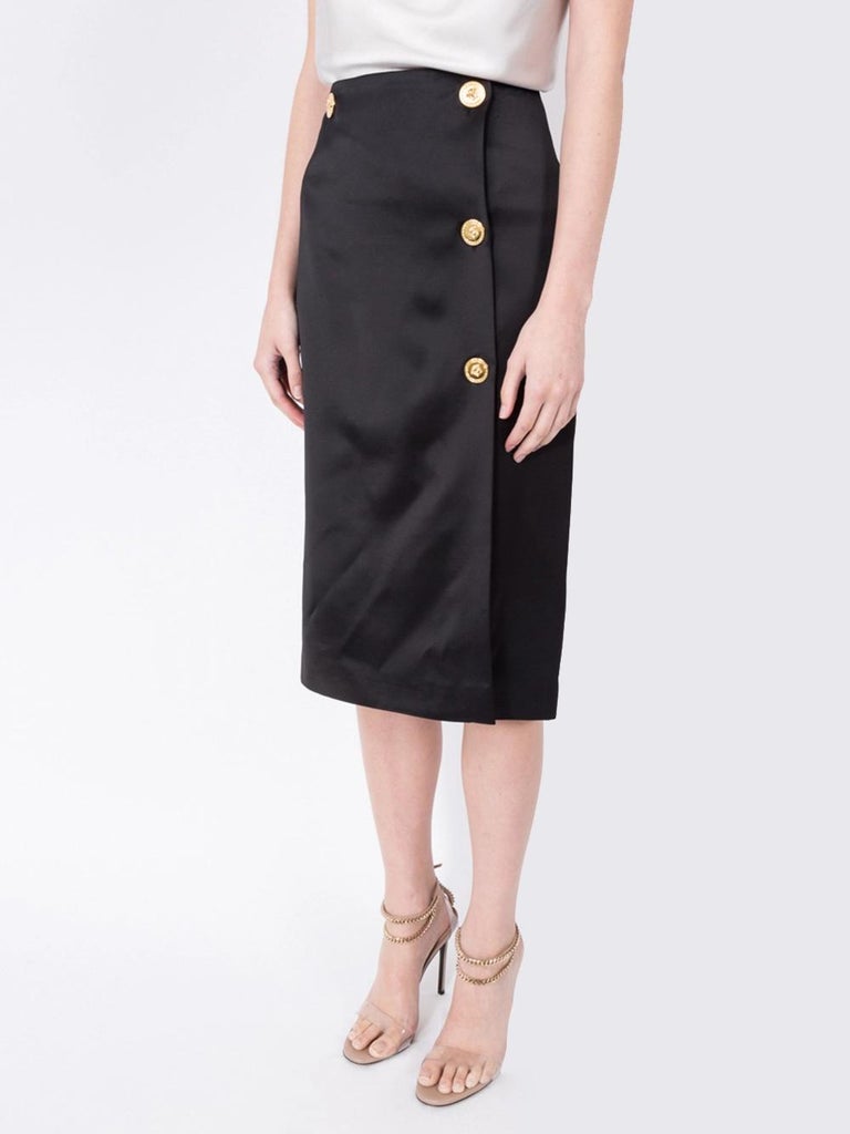 Versace Black Knee Length Pencil Skirt with GoldTone Medusa Buttons