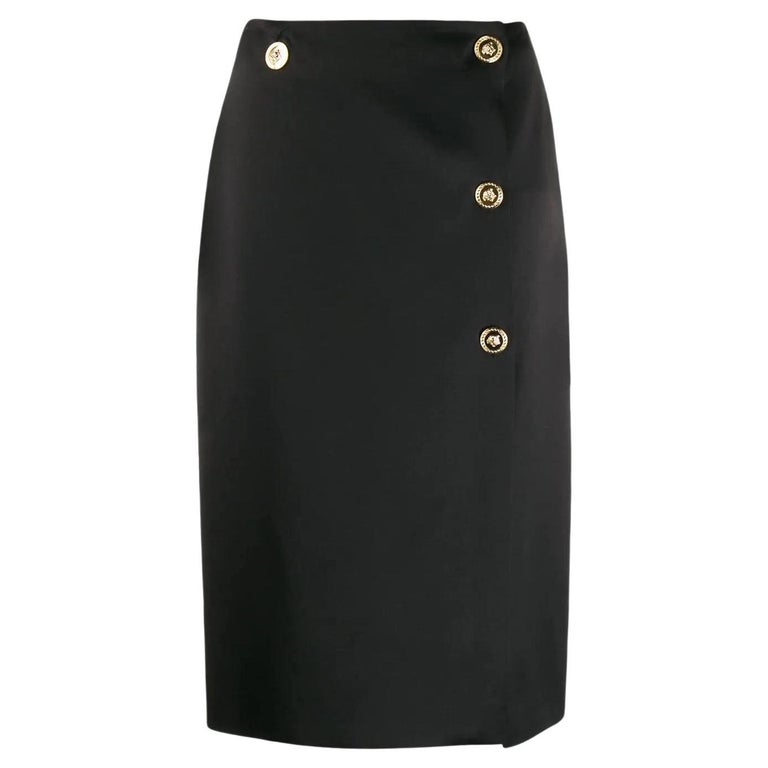 Versace Black Knee Length Pencil Skirt with GoldTone Medusa Buttons