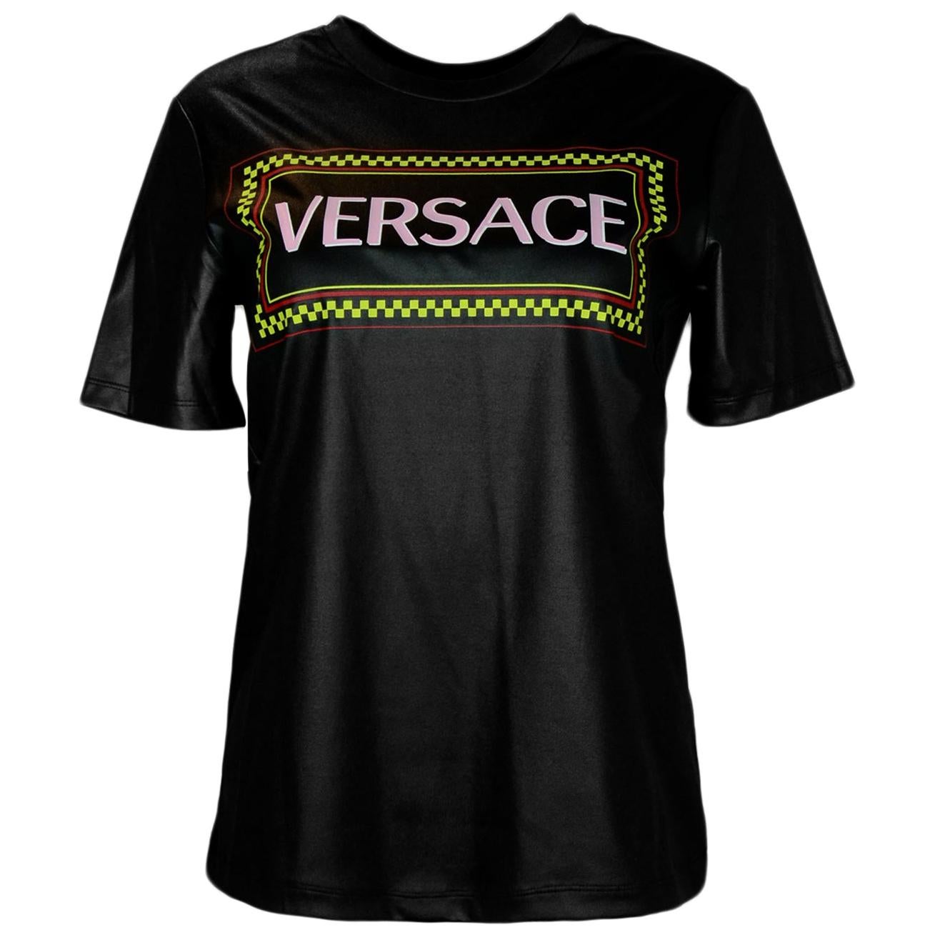 Versace Black Lacquered Jersey 90s Vintage Logo T-Shirt sz IT38/Small