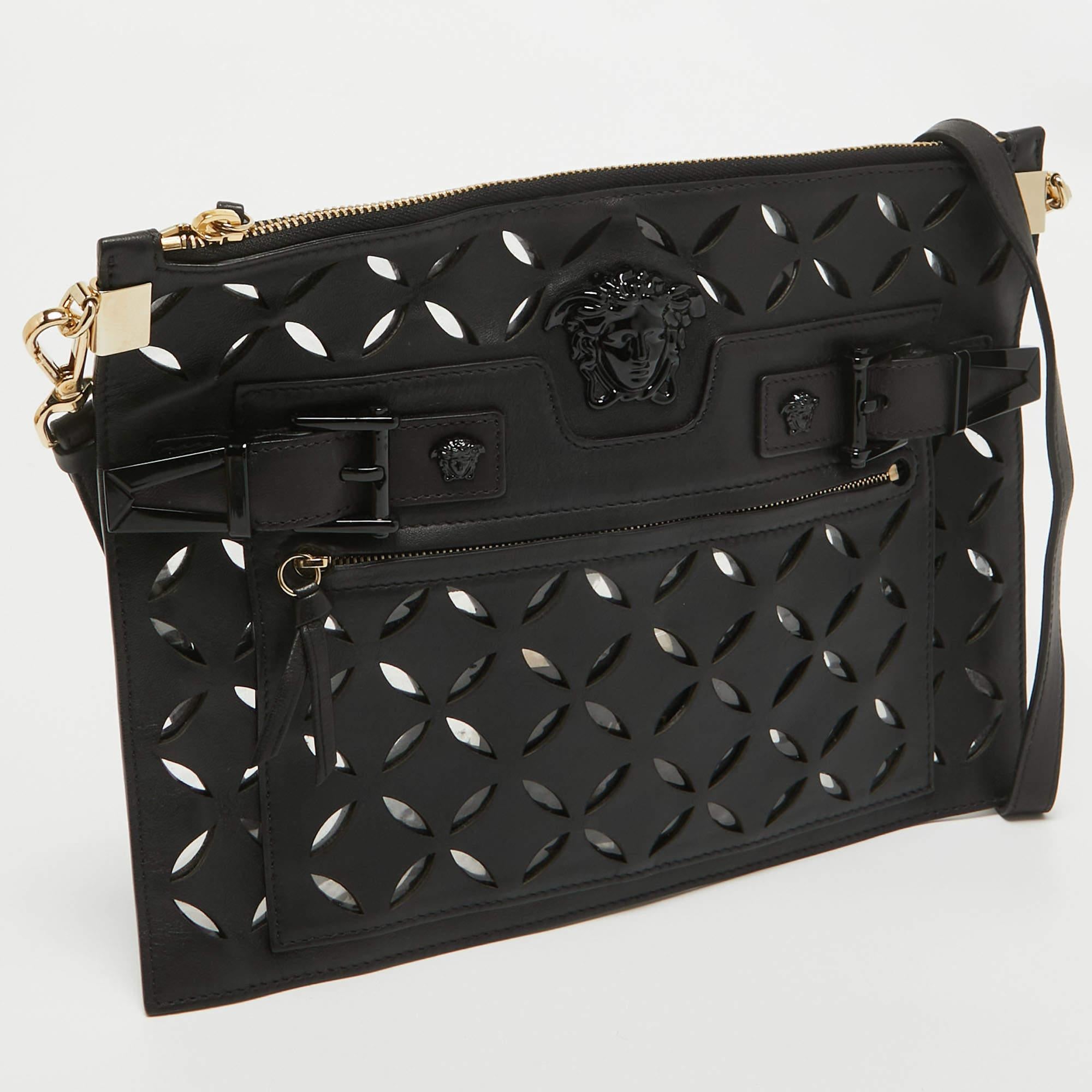 Versace Black Lasecut Leather and PVC Medusa Shoulder Bag In Good Condition In Dubai, Al Qouz 2