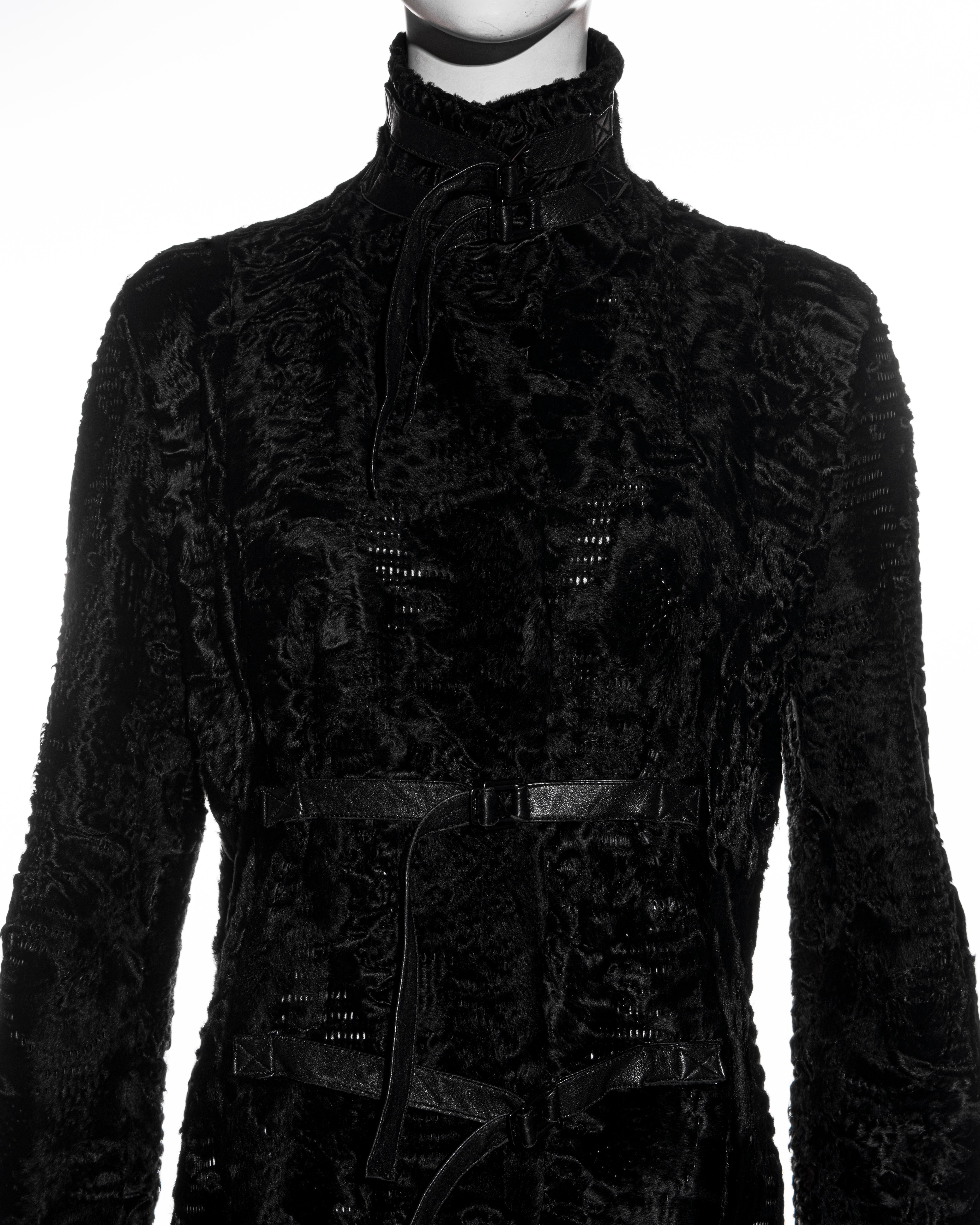 Women's Versace black laser-cut lambskin coat with leather bondage straps, fw 2004 For Sale
