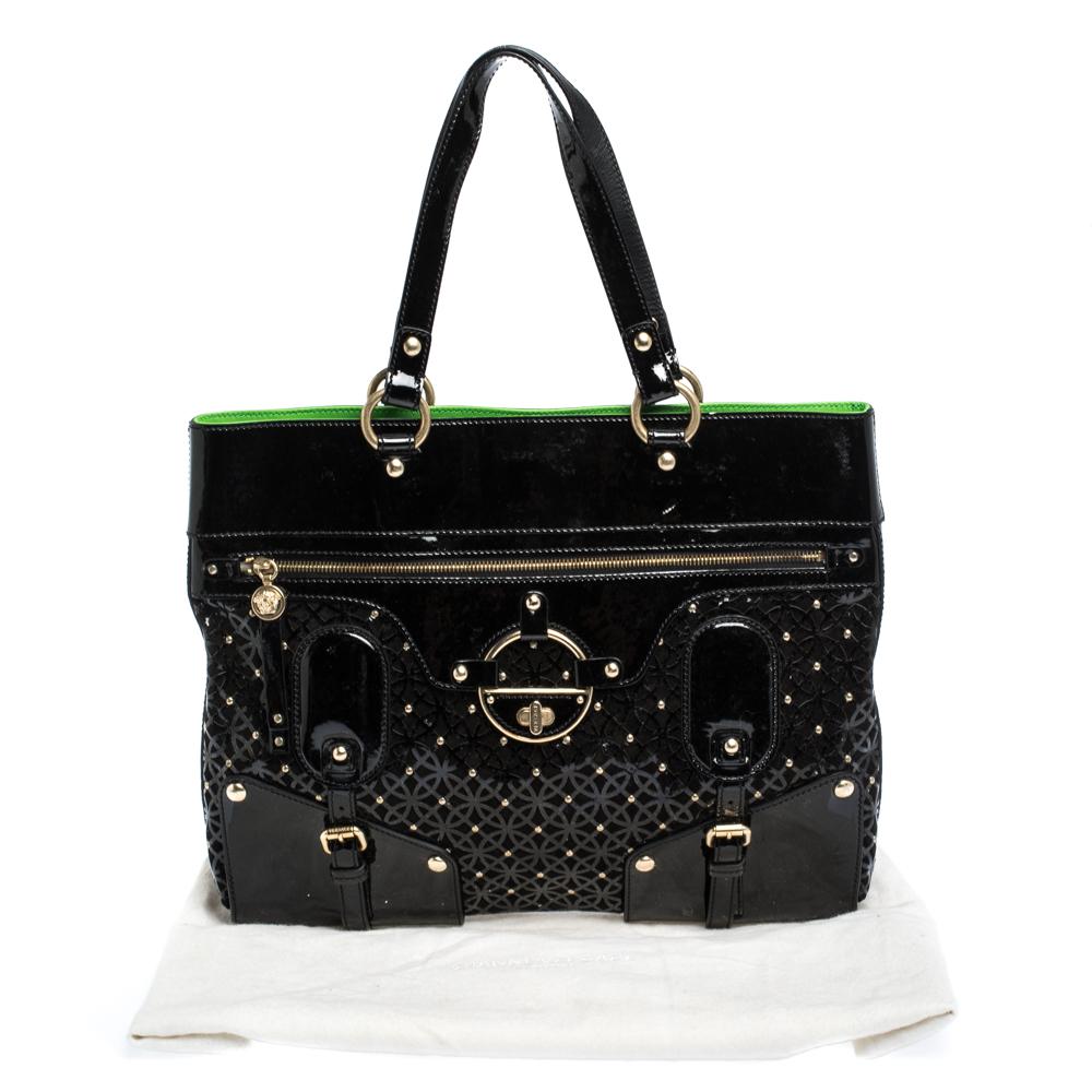 Versace Black Lasercut Patent Leather and Suede Studded Tote 7