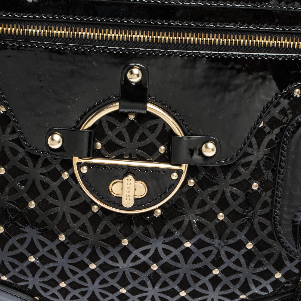 Versace Black Lasercut Patent Leather and Suede Studded Tote 5