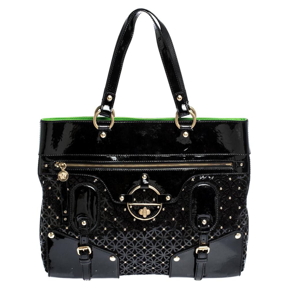 Versace Black Lasercut Patent Leather and Suede Studded Tote