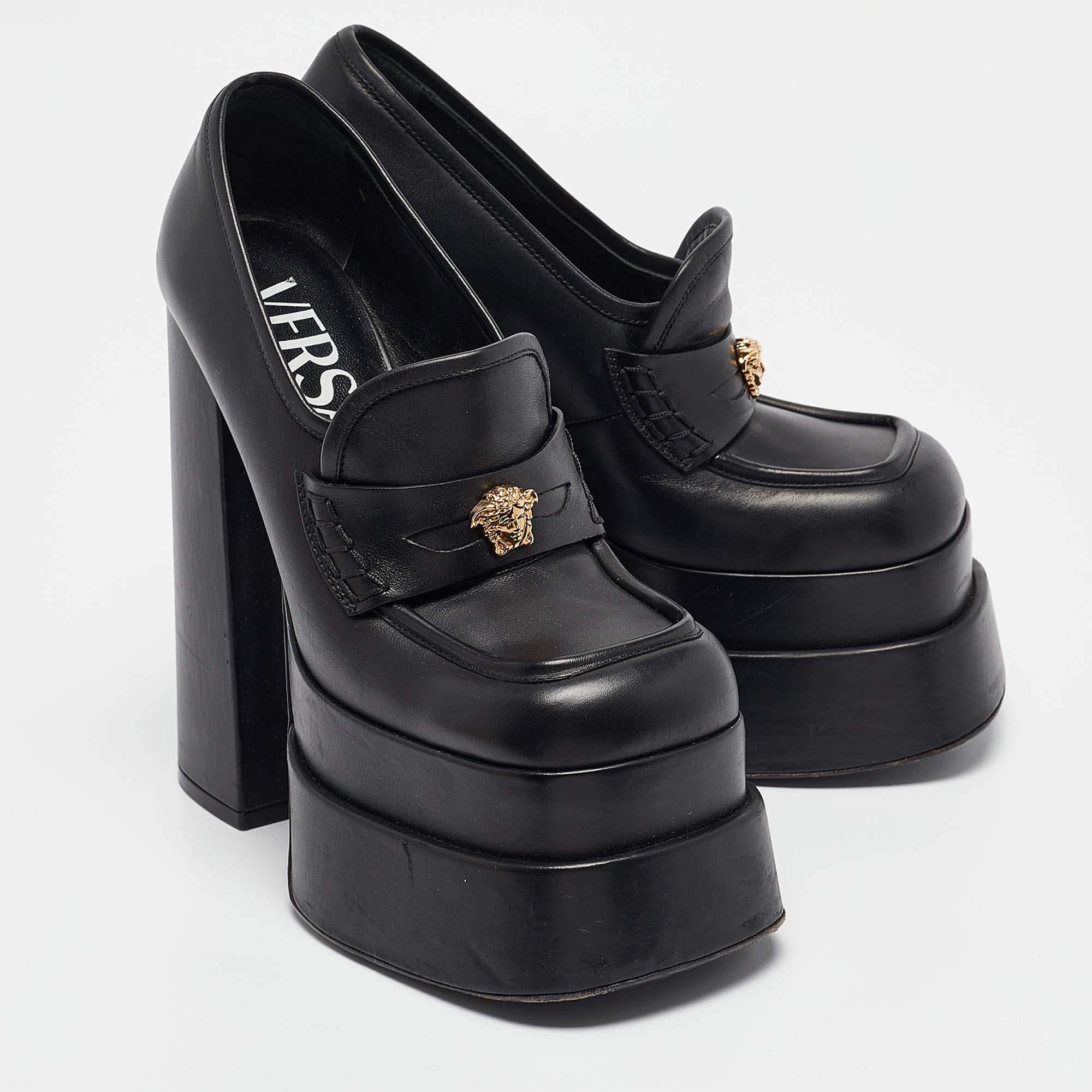 Women's Versace Black Leather Aevitas Block Heel Pumps Size 36 For Sale