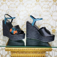 VERSACE BLACK LEATHER and FLORAL EMBROIDERED WEDGE SANDALS 38.5, 39
