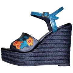 VERSACE BLACK LEATHER and FLORAL EMBROIDERED WEDGE SANDALS 38.5, 39