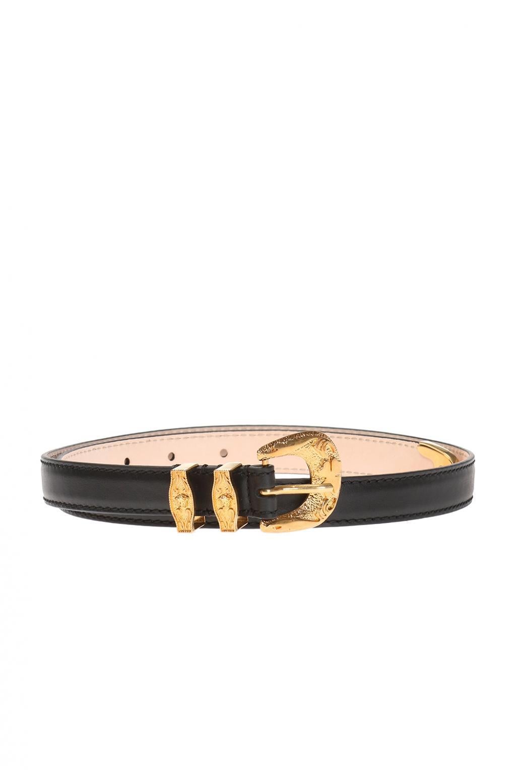 Versace Black Leather and Gold Tone Baroque Buckle Belt

Crafted in Italy from black calf leather, this antique inspired belt from Versace features antique effect gold-tone hardware, an adjustable fastening, punch hole detailing and an engraved