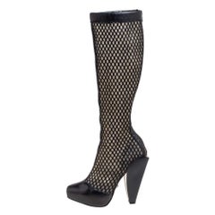 Versace Black Leather And Mesh Pointed Toe Knee Length Boots Size 36
