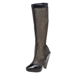 Versace Black Leather And Mesh Pointed Toe Knee Length Boots Size 36 Versace Black Leather And Mesh Pointed Toe Knee Length Boots Size 36