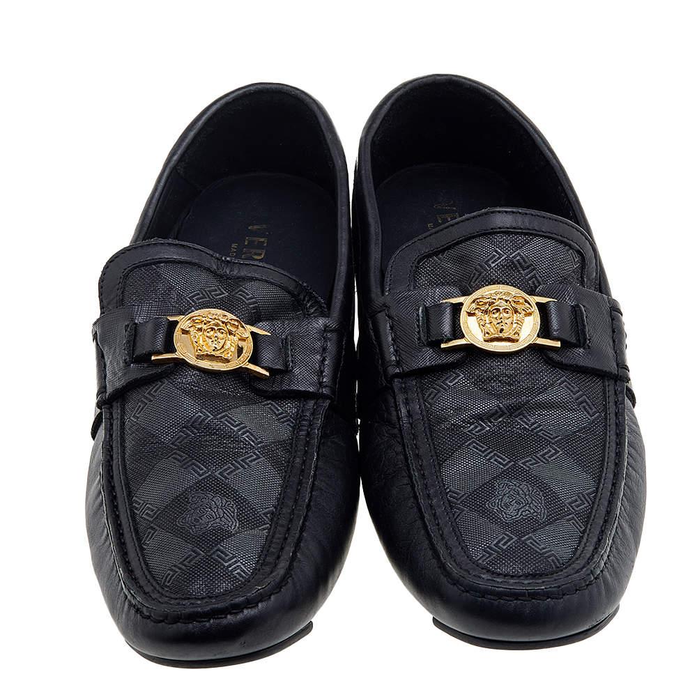Versace Black Leather And Monogram Fabric Medusa Slip On Loafers Size 44 In Good Condition For Sale In Dubai, Al Qouz 2