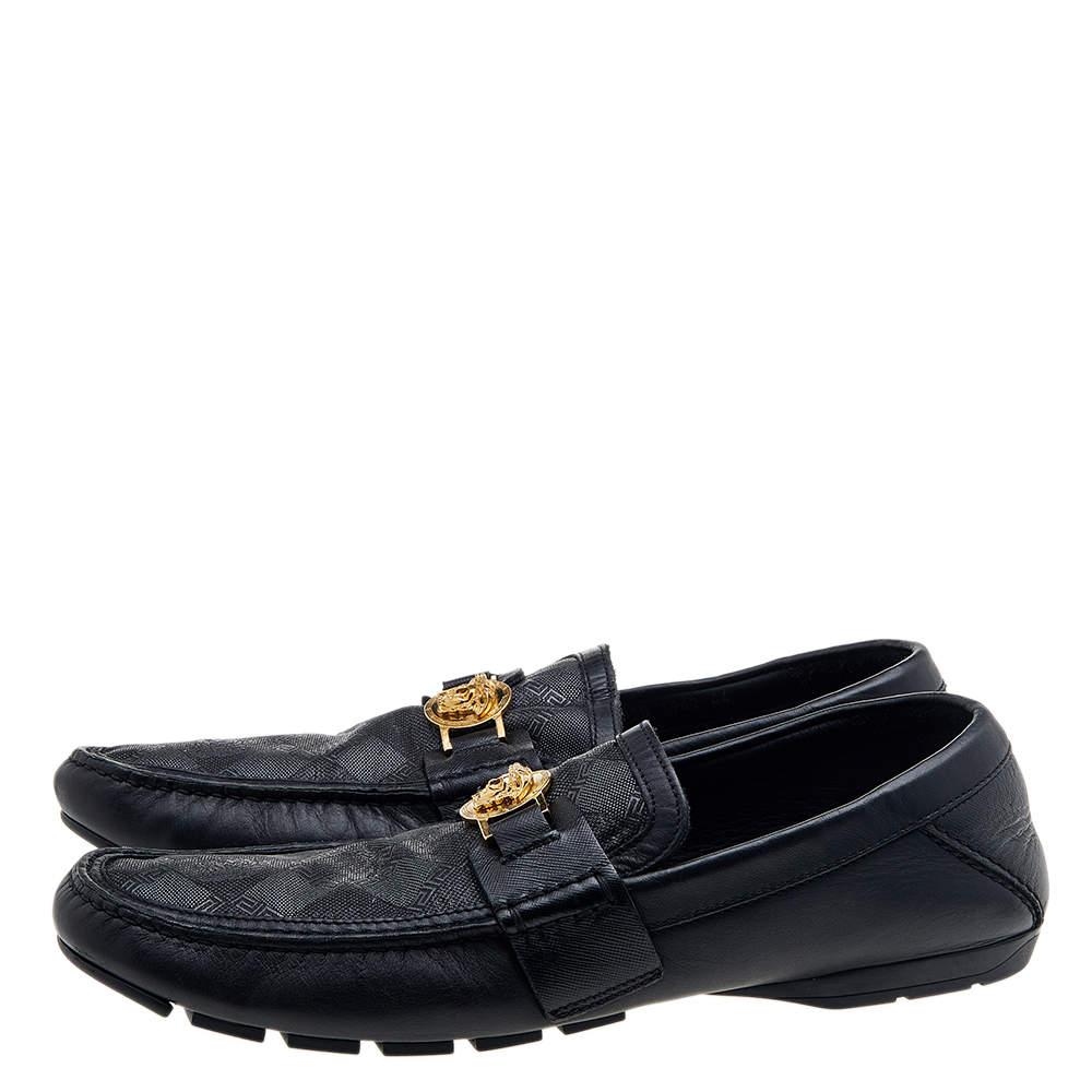 Versace Black Leather And Monogram Fabric Medusa Slip On Loafers Size 44 For Sale 1